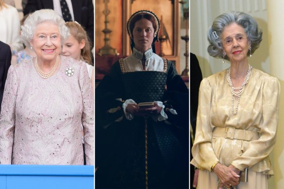 The royal dowagers club: Queen Elizabeth wearing Queen Dowager Adelaide’s brooch during the Coronation Festival Evening Gala at Buckingham Palace on July 11, 2013;  Alicia Vikander playing Queen Dowager Catherine in the upcoming film ‘Firebrand’; Queen Dowager Fabiola of Belgium in 2002. 