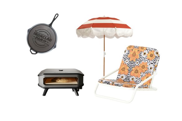 “The Heirloom” skillet; gas pizza oven; “Le Sirenuse” beach umbrella; “Animal Kingdom” beach chair.