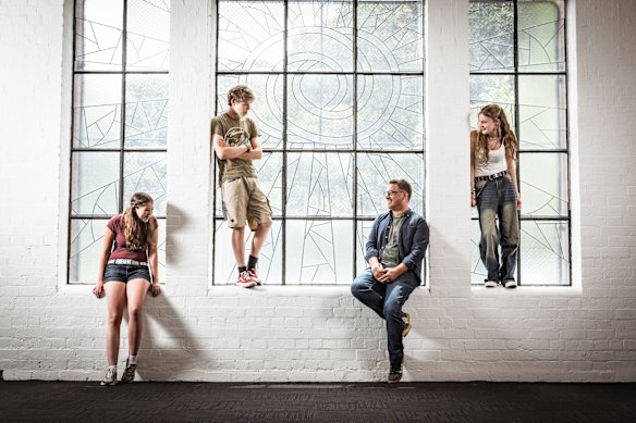 Preshil principal Aaron Mackinnon inside the former piano factory with year 10 students Rafi Adeney, Alex Thoraval and Airlie Clarke.