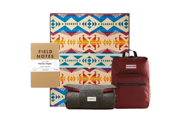 Field Notes notebooks; “The Wimmera” roll up bed; “Pioneer” backpack; “Los Lunas” blanket.  