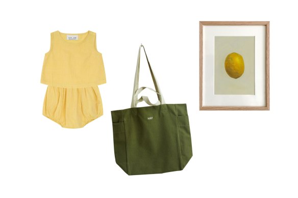 “Marni” baby bloomer set; “Everyday” tote; Lemon painting.  