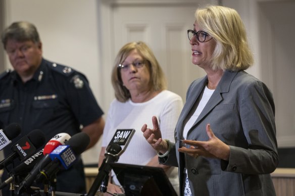 Melbourne's lord mayor Sally Capp, right, outlines plans for New Year's Eve with Victoria Police Assistant Commissioner Luke Cornelius and Police Minister Lisa Neville on Wednesday.