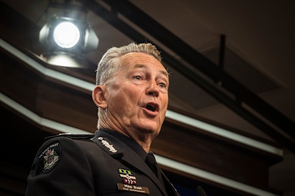 Victoria Police Commmissioner Mike Bush speaking to the media on Monday after the shooting of Dezi Freeman.