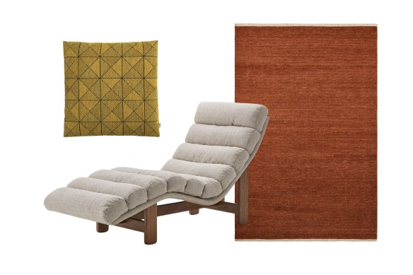 “Tile” cushion, “Philippe” chaise longue, “Cable” rug.