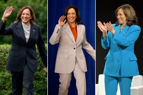 US Vice President Kamala Harris has found a uniform of relaxed, tailored pantsuits with collarless, silk blouses and simple jewellery.