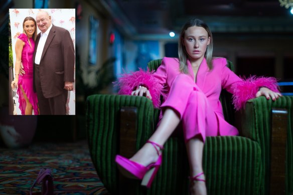 Coco Fox, granddaughter of trucking magnate Lindsay Fox (inset), has her sights set on an international career in fashion. Photographed at The Astor Theatre, Melbourne.