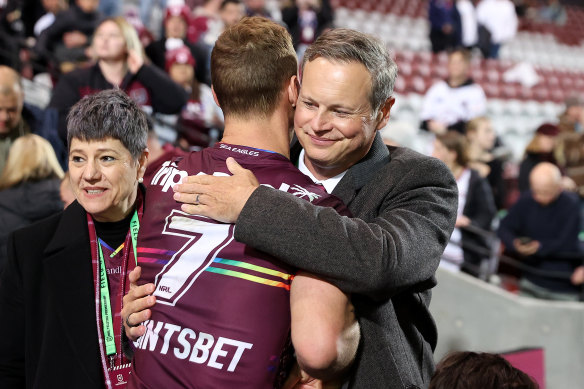 Scott Penn embraces Daly Cherry-Evans, who is wearing the rainbow jersey that derailed the team’s season.