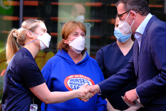 Daniel Andrew, with nurses union boss Lisa Fitzpatrick, meets student nurses and midwives at Sunshine hospital.