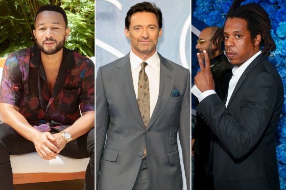 Men who have spoken publicly about grappling with fertility struggles like miscarriage, stillbirth, and an inability to conceive include, from left, John Legend, Hugh Jackman and Jay-Z.