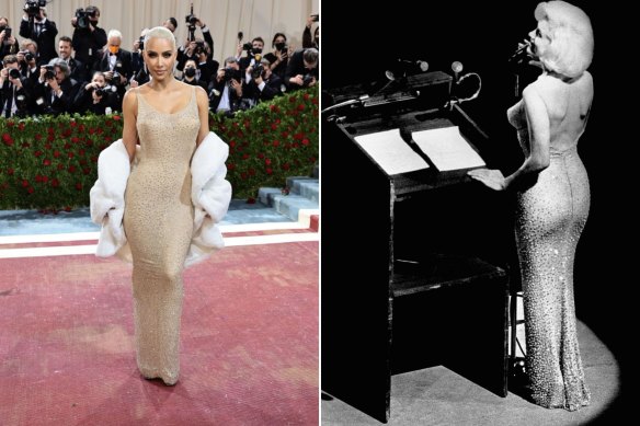Kim Kardashian at the 2022 Met Gala (left) and Marilyn Monroe singing “Happy Birthday”.