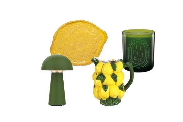 “Odette” portable lamp; “Lemon” platter; “Lemons” jug; “Figuier Verte” candle.