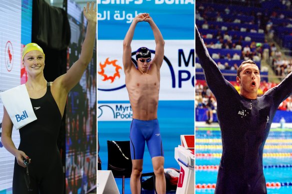 From left: Summer McIntosh broke her own world record in May in the new Speedo design, Ian Thorpe’s record-breaking feats at Sydney 2000 came in an Adidas Teflon-coated bodysuit and Pan Zhanle also registered a 2024 world record wearing a Fastskin 2.0.