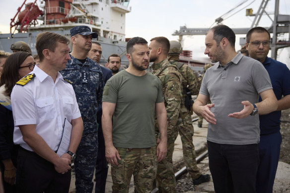 Ukrainian President Volodymyr Zelensky surrounded by UN officials and various ambassadors in Odesa last month.