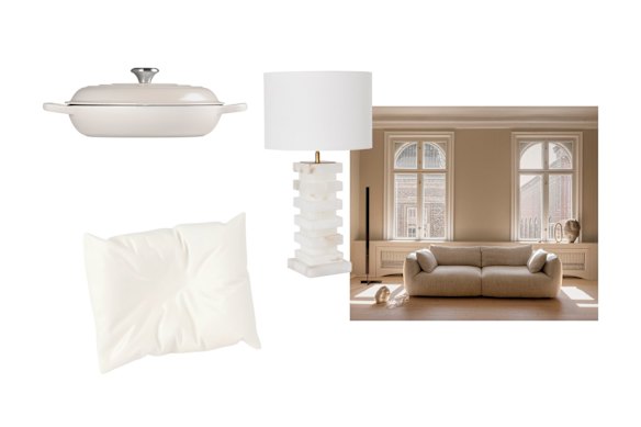 Shallow casserole; “B128” ceramic dish; “Tamsin” lamp; “Ridge” sofa. 