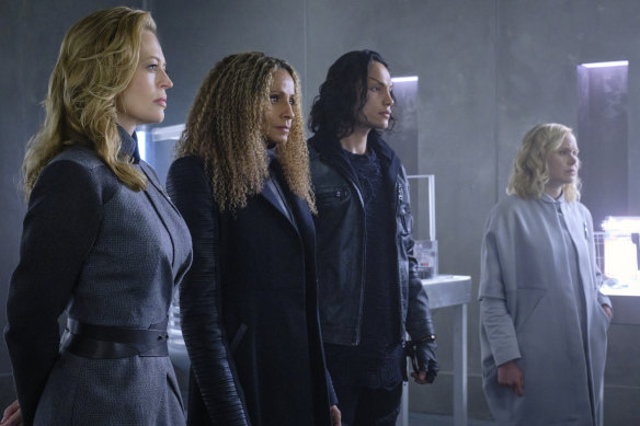 Seven (Jeri Ryan), Raffi (Michelle Hurd), Elnor (Evan Evagora) and Agnes (Alison Pill) in Star Trek: Picard.