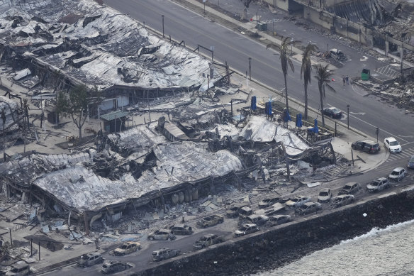 The wasteland of burnt out homes and cars, and obliterated communities left by the fires in Lahaina, Hawaii.