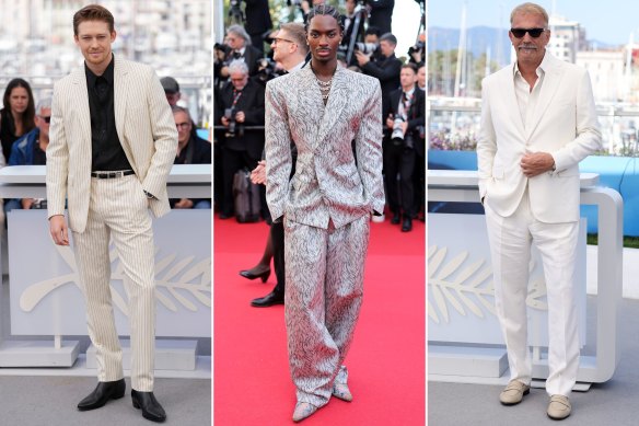 Joe Alwyn, Alton Mason and Kevin Costner at the 77th Cannes Film Festival.