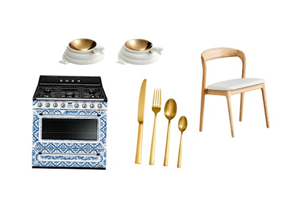 Smeg x Dolce & Gabbana oven; “Eden” salt and pepper cellars; “Lunar” cutlery; “Carly” dining chair.  