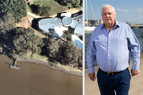 Mining magnate Clive Palmer plans to further extend a private jetty at his Brisbane trophy home, pictured in 2019, despite the work taking it to almost 30 metres longer than deemed appropriate under the relevant planning code.