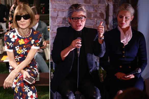 Anna Wintour in living colour, while Australian Fashion Council chief executive officer Leila Naja Hibri and acting chief marketing officer at the Australian Trade and Investment Commission Fiona de Jong turn to clothing’s dark side. 