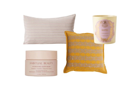 “Heirloom Stripe” pillowcas; “Hydrating Sleep Mask”; “Little Village” cushion; “Notte” candle.