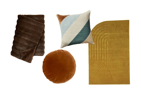 “Leider” throw; “Junior” cushion; “Norbert” cushion; “Trace” rug.  