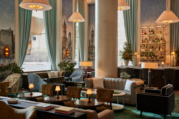 The Wall Street Hotel’s jewel-toned hotel bar.  