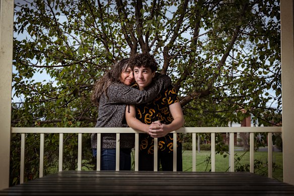 Taylors Lakes Secondary College year 9 student Brodie Ibrahim and his mother, Sophie Minas. Brodie doesn’t believe the school system allows him to pursue his interests – such as creative writing and debating – and increasingly has turned to learning alone online rather than with his classmates.