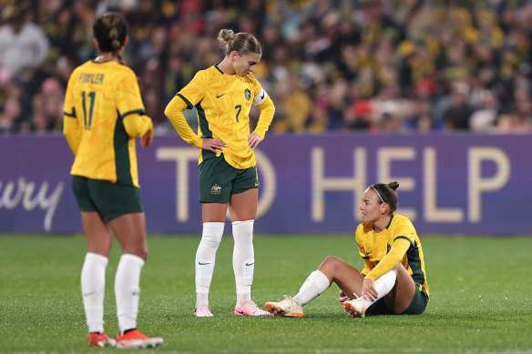 Matildas’ Caitlin Foord reacts after an injury during the international friendly match between Australia and China at Adelaide Oval.