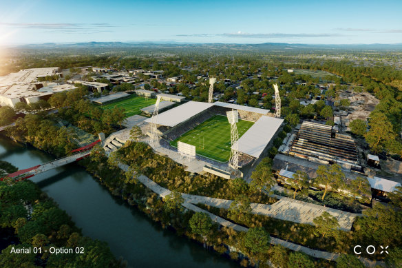 Artists’ impressions of a 20,500 seat stadium at North Ipswich Reserve, proposed to support the Brisbane Jets NRL team bidding to join the NRL in 2023. 