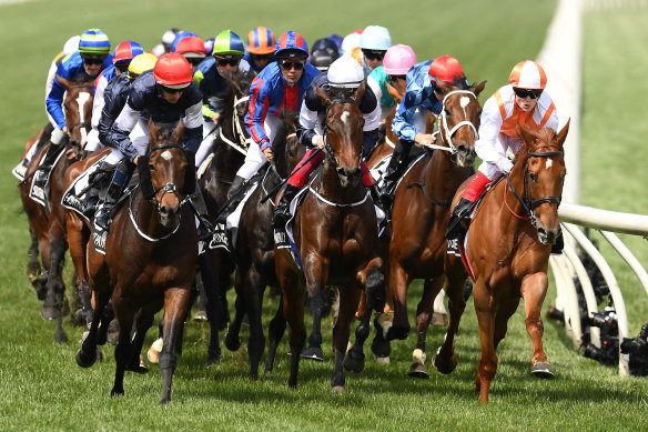 Vow And Declare, with jockey Craig Williams, far right, leads on the barrier. 