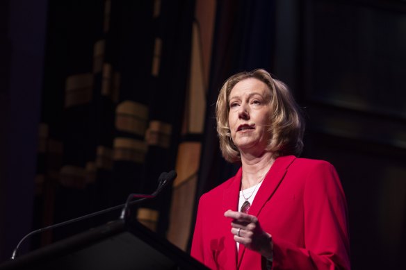 Woodside CEO Meg O’Neill speaking at the Melbourne Town Hall. 