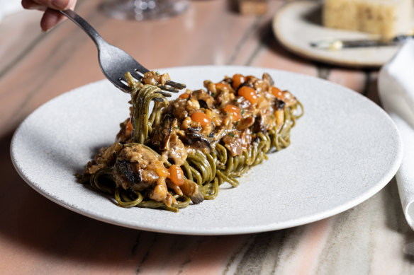 Go-to dish: Seaweed spaghetti with Moreton Bay bug meat and blood orange gel.