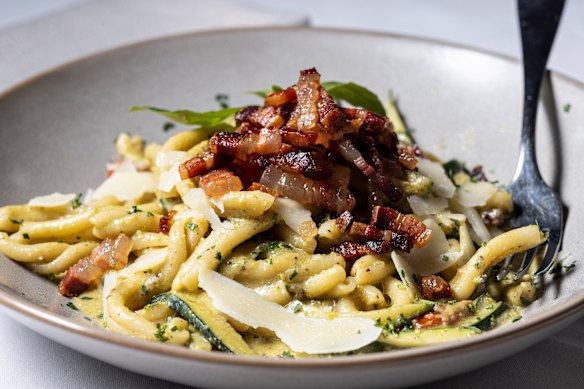 Casarecce with pistachio pesto, zucchini and pancetta.
