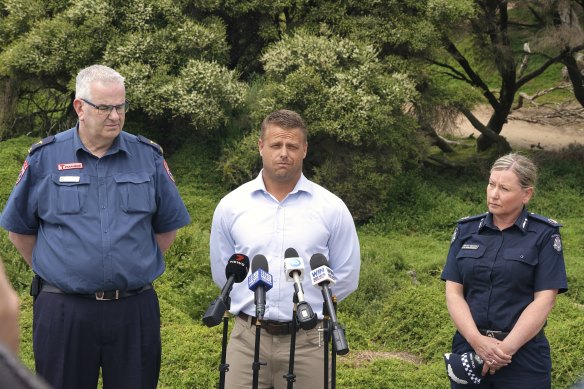 Ambulance Victoria area manager Paul James (left), Life Saving Victoria general manager Liam Krige and Victoria Police Assistant Commissioner Karen Nyholm at Forrest Caves on Thursday.