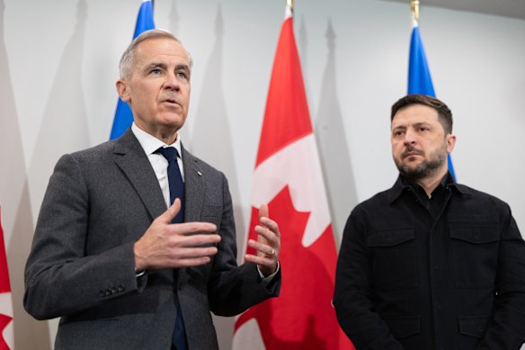 Canadian Prime Minister Mark Carney (left) and Ukrainian President Volodymyr Zelensky hold a news conference in Halifax in December.