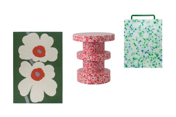 “Unikko 60th Anniversary” rug; “Bit” stool; cutting board.  