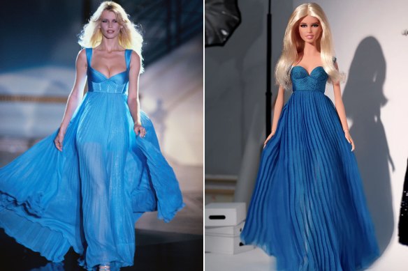 German supermodel Claudia Schiffer on the Versace runway in 1993 for autumn/winter 1994 and a Barbie created in her image.