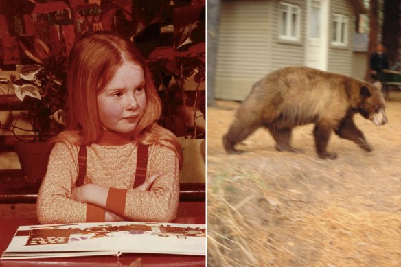 From left: five-year-old Anna Funder, the age she was when she encountered this bear while alone near her family’s
campsite in eastern California.