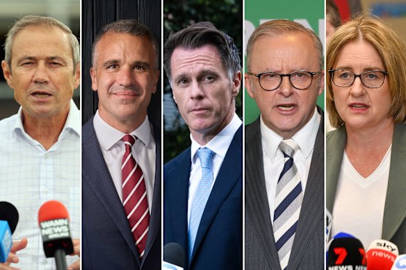 Prime Minister Anthony Albanese (second from right) and state premiers (from left) Roger Cook (WA), Peter Malinauskas (SA), Chris Minns (NSW) and Jacinta Allan (Vic).