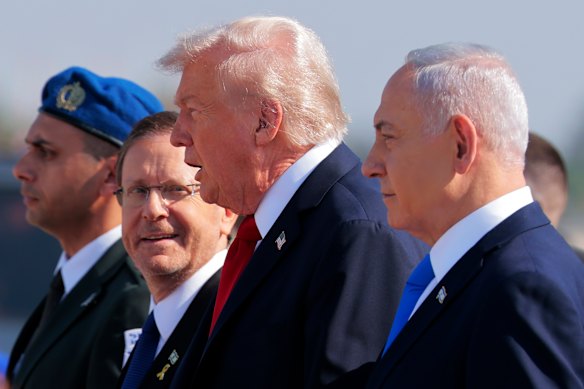 US President Donald Trump with Isaac Herzog and Israel’s Prime Minister Benjamin Netanyahu in October last year.