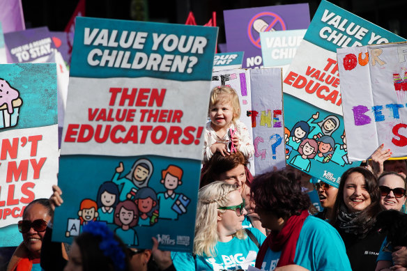 Early learning educators protested in Federation Square in Melbourne on Wednesday to call for better pay and conditions.