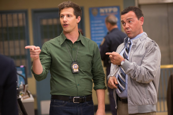 Andy Samberg as Jake Peralta and Joe Lo Truglio as Charles Boyle in Brooklyn Nine-Nine.