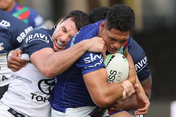 Roger Tuivasa-Sheck takes it up against the Cowboys earlier this season.