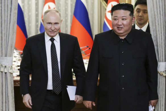 Russian President Vladimir Putin and North Korean leader Kim Jong Un in Pyongyang in June, when they signed a strategic partnership.