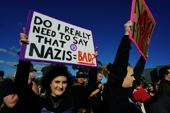 Anti-fascist protesters march in Sunshine West on Saturday.