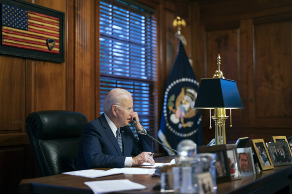 President Joe Biden speaks to Russian president Vladimir Putin on the phone from his private residence in Wilmington, Delaware, in 2021.