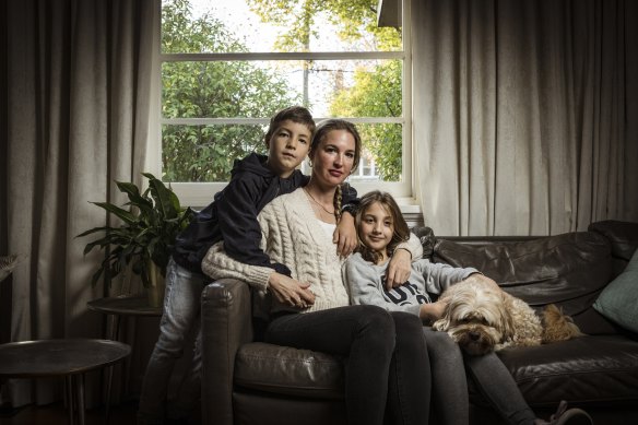 Landlord and renter Fiona Martin with her eight-year-old twins Mirabelle and Miles.