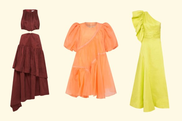 Aje’s Caliente Cut Out Dress; Riviera Asymmetric Braided Puff Sleeve Smock Dress; Bonjour Asymmetric Midi Dress.