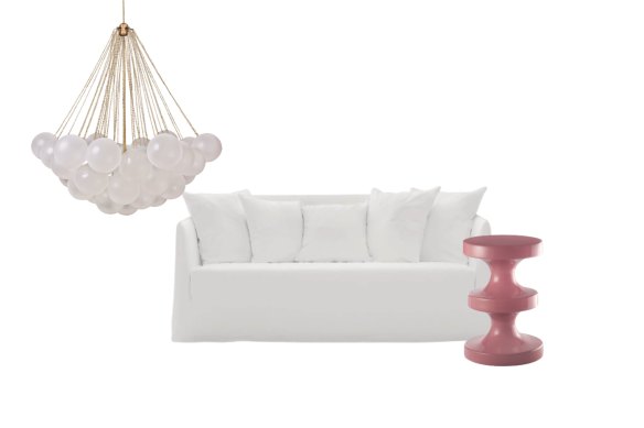 “Cloud 19” pendant light; “Ghost 10″ sofa; “Bishop” stool.